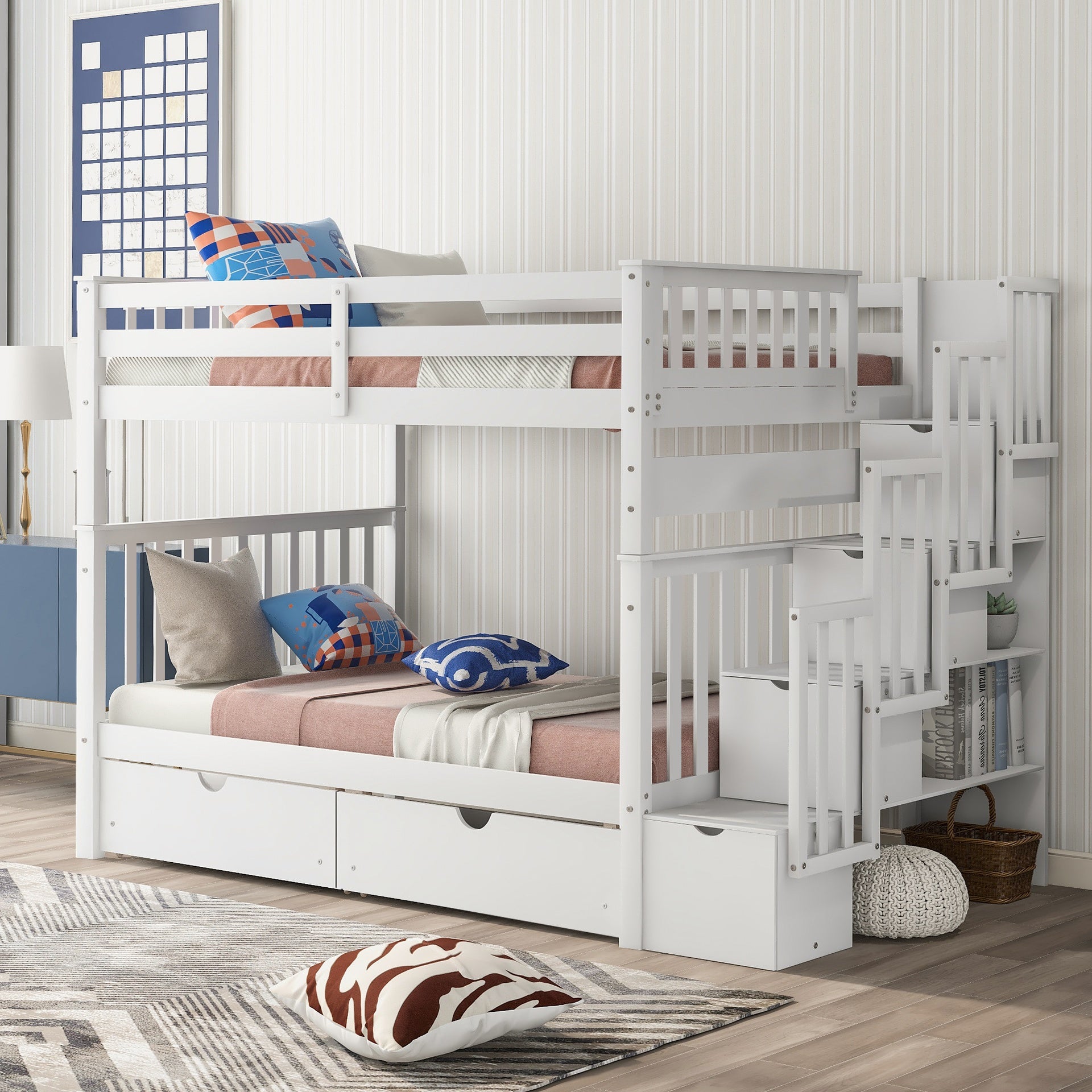 Full Over Full Bunk Bed with Shelves and 6 Storage Drawers, White(Old SKU:LT000046AAK)