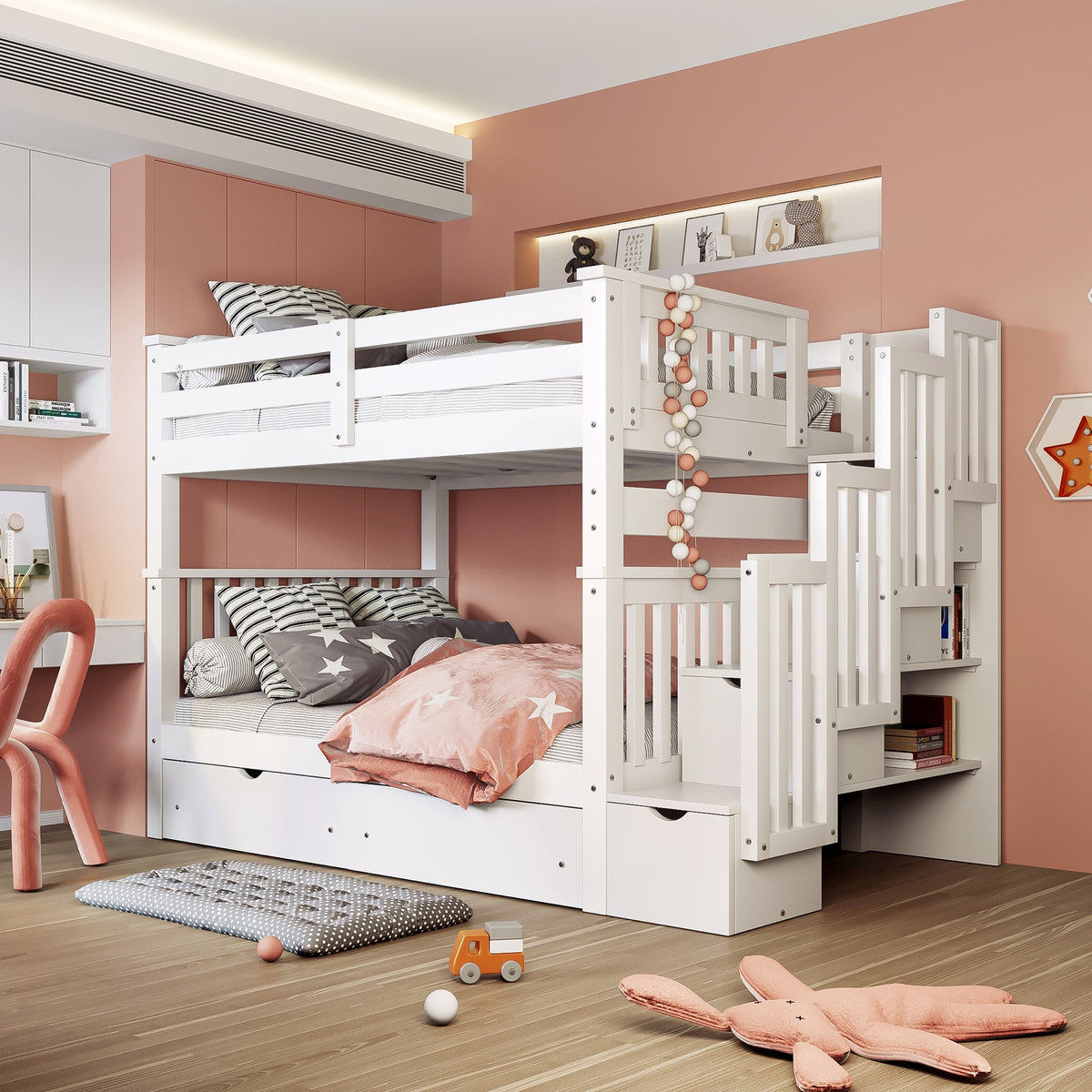 Full Over Full Bunk Bed with Shelves and 6 Storage Drawers, White(Old SKU:LT000046AAK)