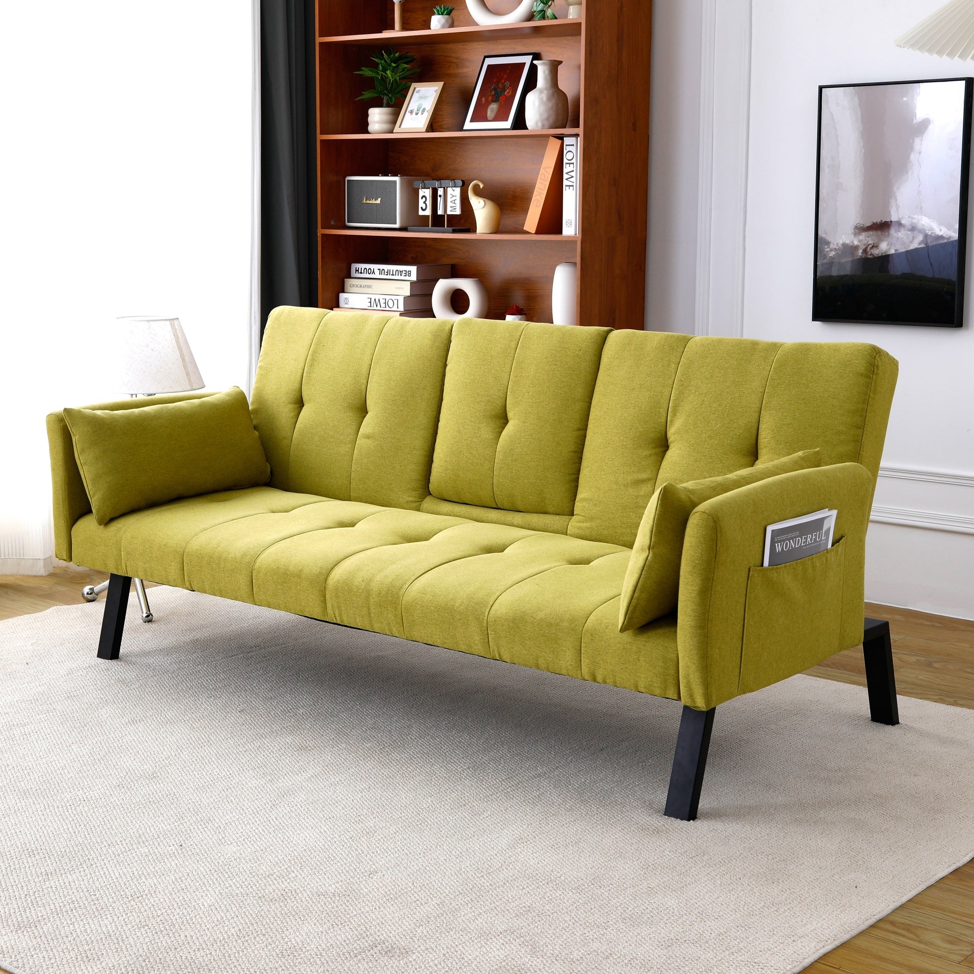70-inch multi-functional cotton and linen sofa bed: foldable + cup holder + side storage, instantly switch between living room and bedroom
