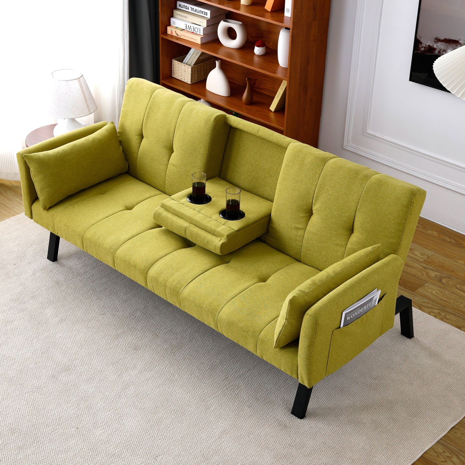 70-inch multi-functional cotton and linen sofa bed: foldable + cup holder + side storage, instantly switch between living room and bedroom
