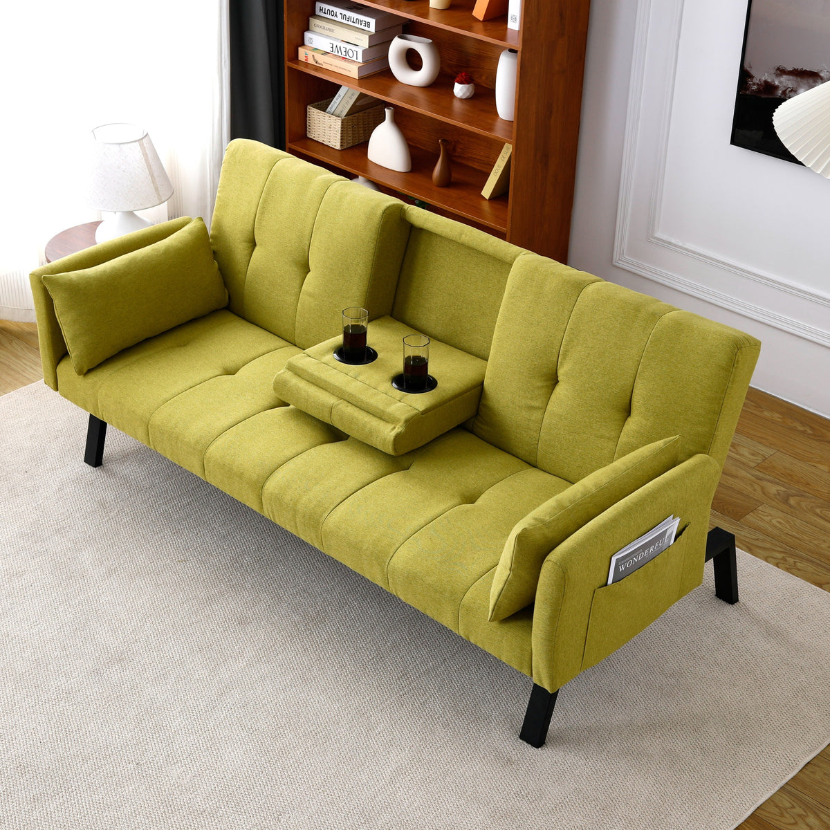 70-inch multi-functional cotton and linen sofa bed: foldable + cup holder + side storage, instantly switch between living room and bedroom