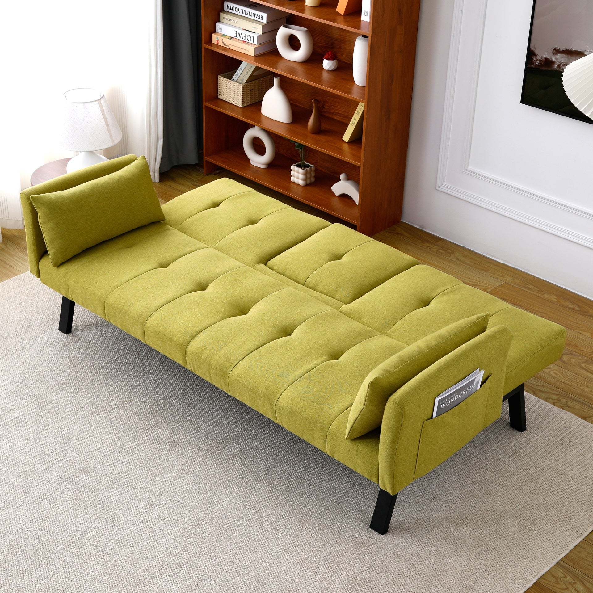 70-inch multi-functional cotton and linen sofa bed: foldable + cup holder + side storage, instantly switch between living room and bedroom