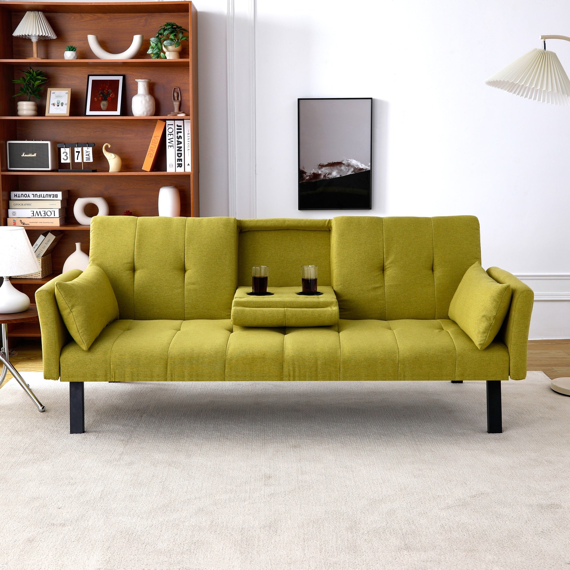 70-inch multi-functional cotton and linen sofa bed: foldable + cup holder + side storage, instantly switch between living room and bedroom