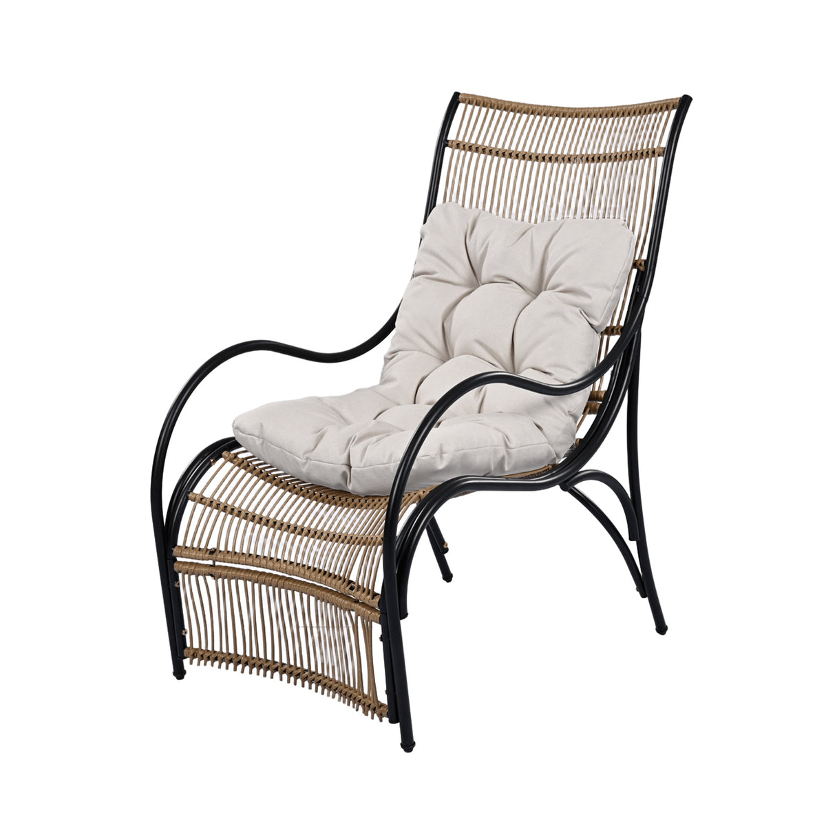 3 Pieces Wicker Outdoor Patio Furniture Set with Lounge Chair, Balcony Chairs Table Set with Cushions, Ottoman, Patio Conversation Sets for Garden ,Deck,and Porch, Black & Natural & Beige