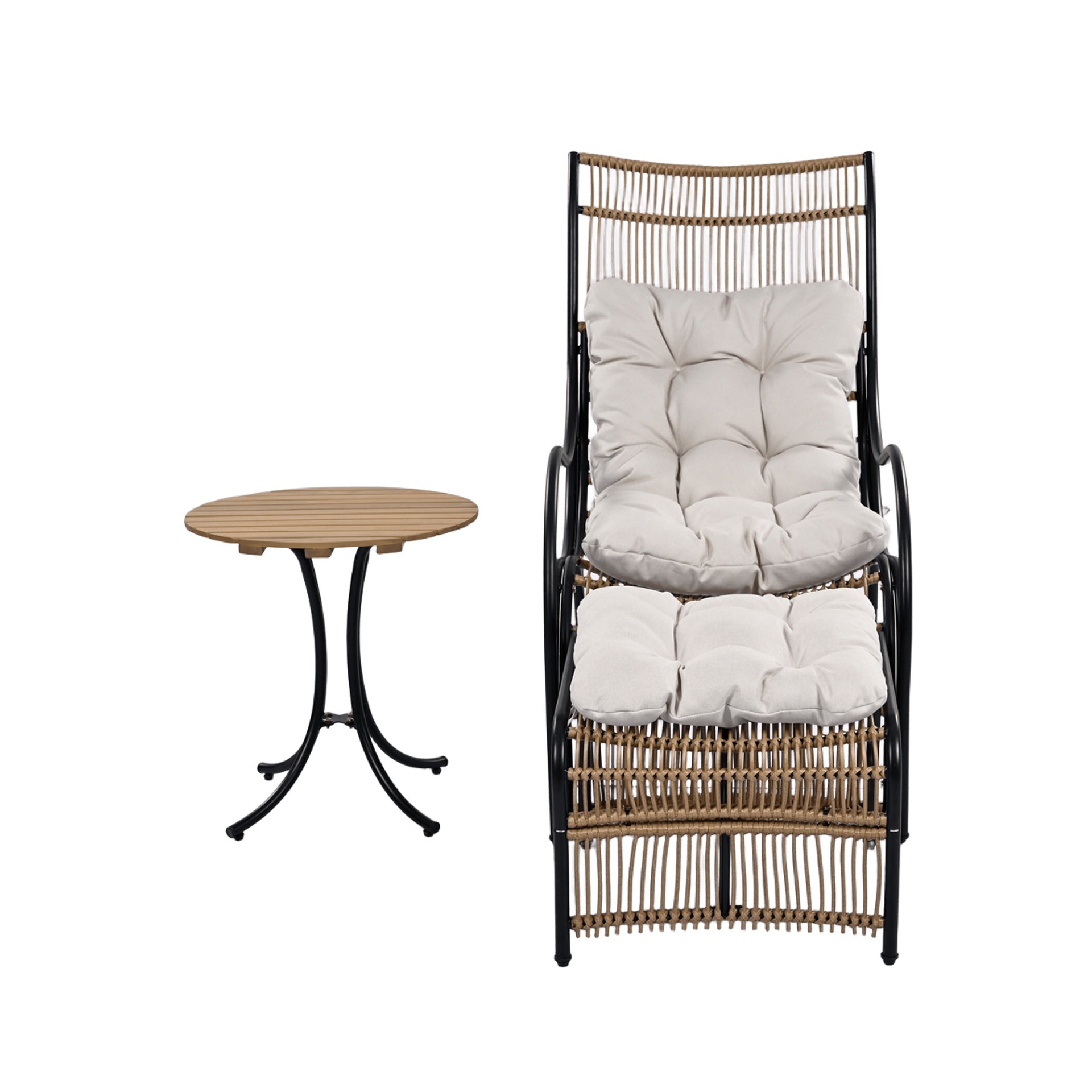 3 Pieces Wicker Outdoor Patio Furniture Set with Lounge Chair, Balcony Chairs Table Set with Cushions, Ottoman, Patio Conversation Sets for Garden ,Deck,and Porch, Black & Natural & Beige