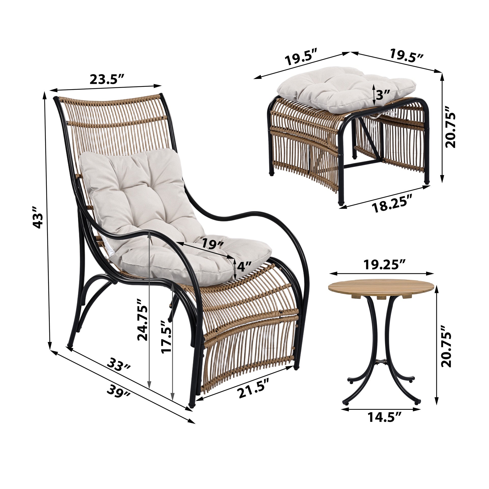 3 Pieces Wicker Outdoor Patio Furniture Set with Lounge Chair, Balcony Chairs Table Set with Cushions, Ottoman, Patio Conversation Sets for Garden ,Deck,and Porch, Black & Natural & Beige