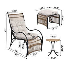 3 Pieces Wicker Outdoor Patio Furniture Set with Lounge Chair, Balcony Chairs Table Set with Cushions, Ottoman, Patio Conversation Sets for Garden ,Deck,and Porch, Black & Natural & Beige