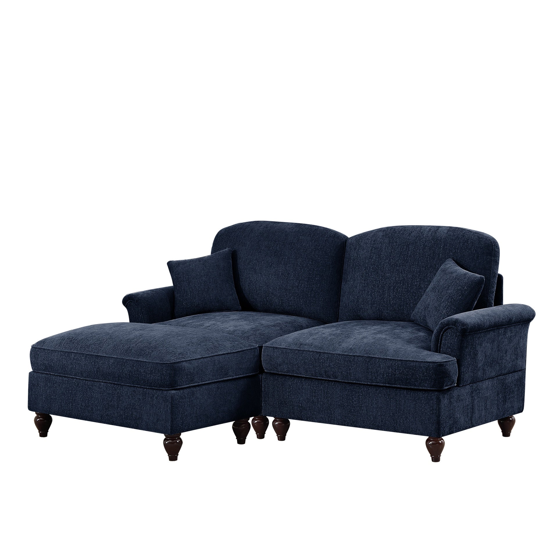Elegant Mid Century Large Two Seater Modular L Shaped Sofa Couch with Flared Arms and Removable Ruffles Pleats Skirts and Spindle Legs, Comfy Chenille Loveseat Sofa with Movable Ottoman,Blue