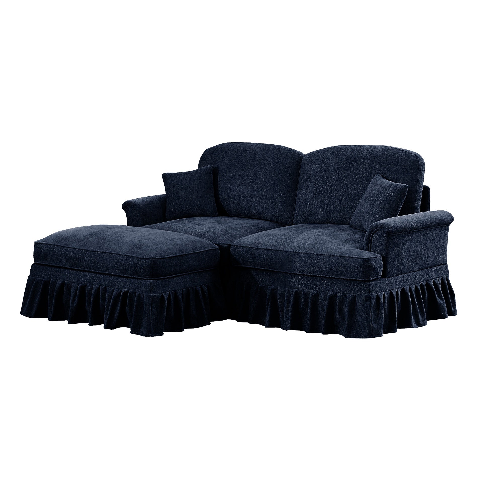 Elegant Mid Century Large Two Seater Modular L Shaped Sofa Couch with Flared Arms and Removable Ruffles Pleats Skirts and Spindle Legs, Comfy Chenille Loveseat Sofa with Movable Ottoman,Blue
