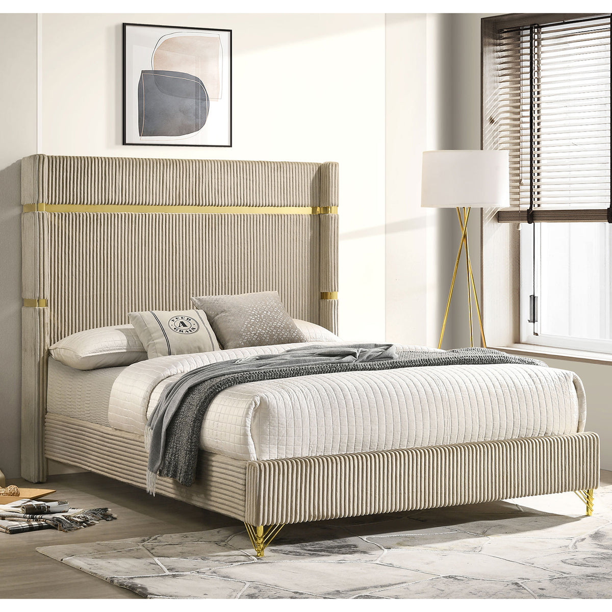 Malcolm Beige Upholstered Queen Wingback Bed