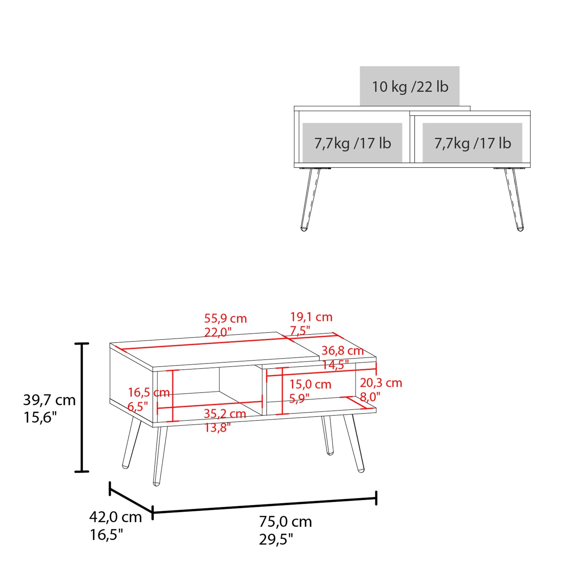 Hack Berry Coffee Table with Open Storage and Conical Legs , White + Natural Oak
