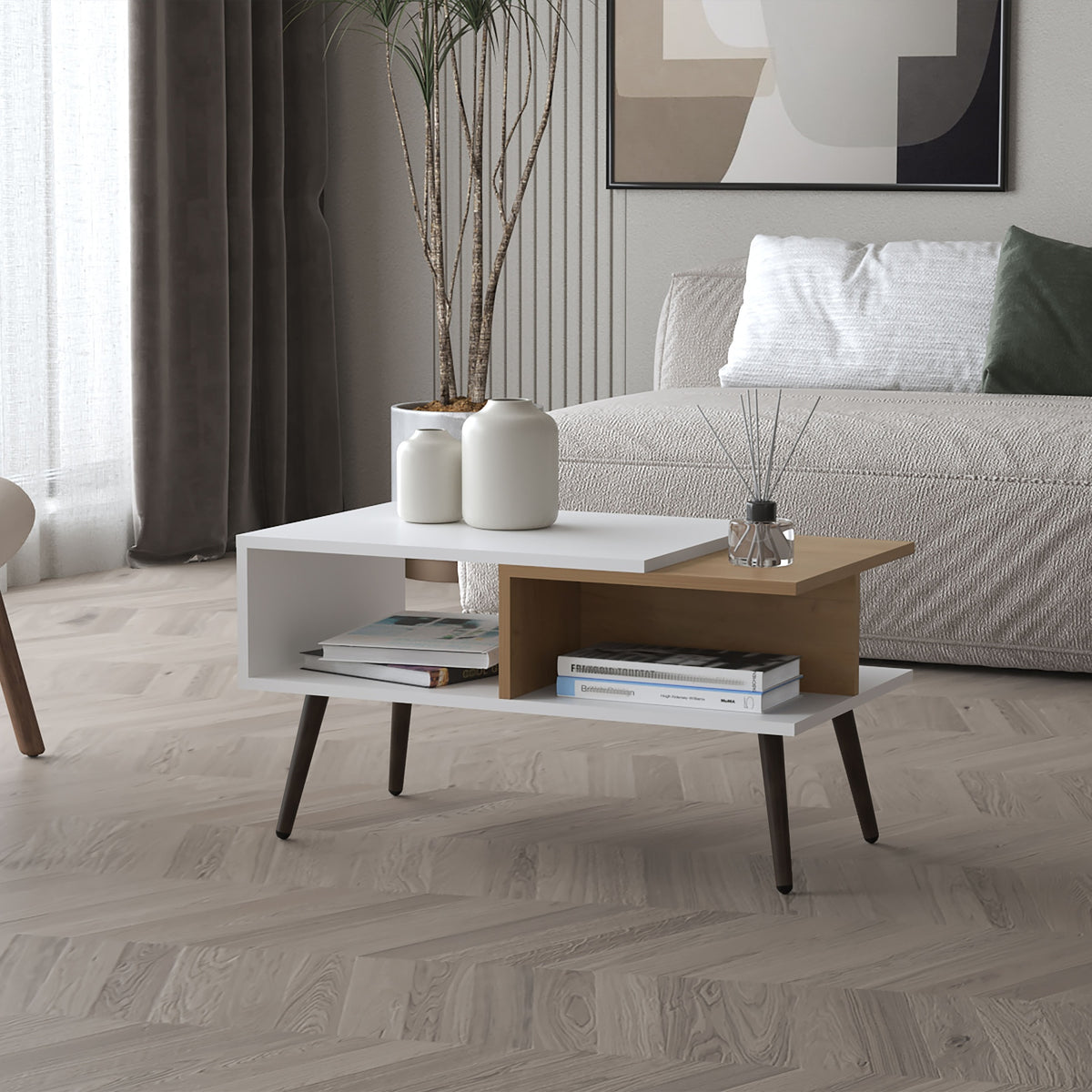 Hack Berry Coffee Table with Open Storage and Conical Legs , White + Natural Oak