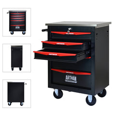 5 Drawers Multifunctional Tool Cart with Wheels,Metal Rolling Tool Cart Storage for Garage Workshop Warehouse Repair Shop--With Stainless Steel Roof- BLACK&RED