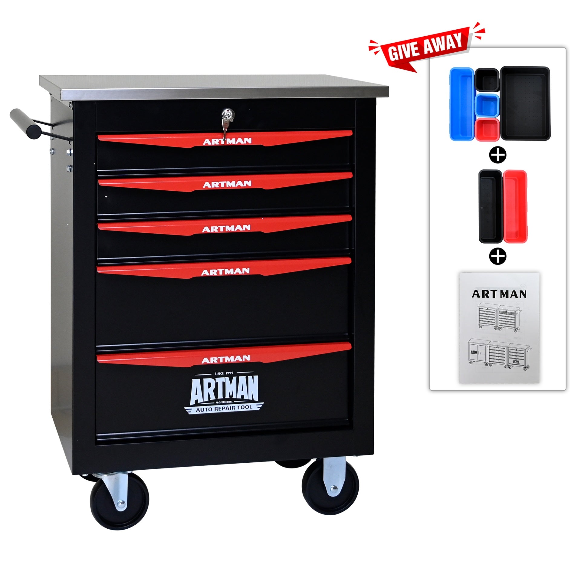 5 Drawers Multifunctional Tool Cart with Wheels,Metal Rolling Tool Cart Storage for Garage Workshop Warehouse Repair Shop--With Stainless Steel Roof- BLACK&RED