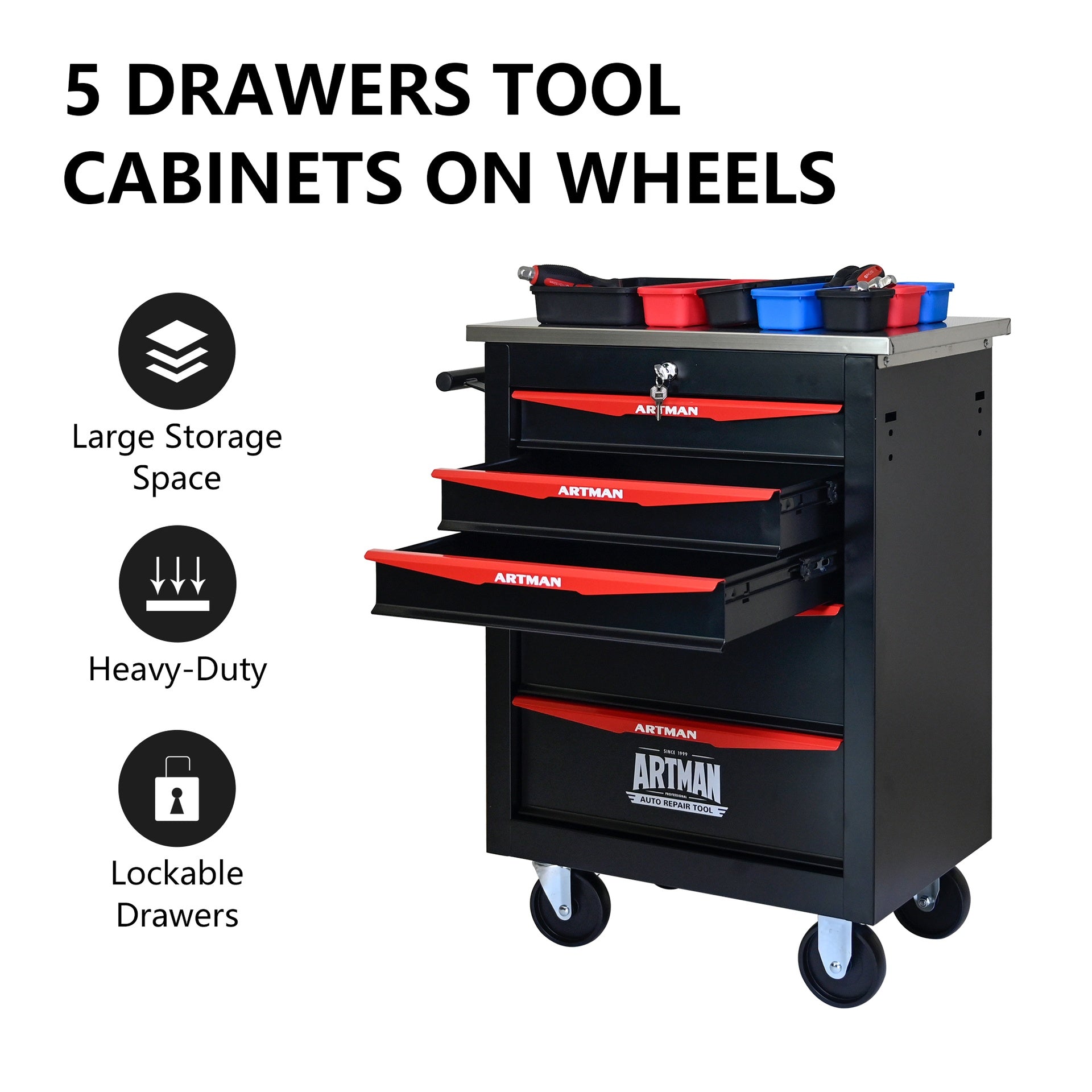 5 Drawers Multifunctional Tool Cart with Wheels,Metal Rolling Tool Cart Storage for Garage Workshop Warehouse Repair Shop--With Stainless Steel Roof- BLACK&RED
