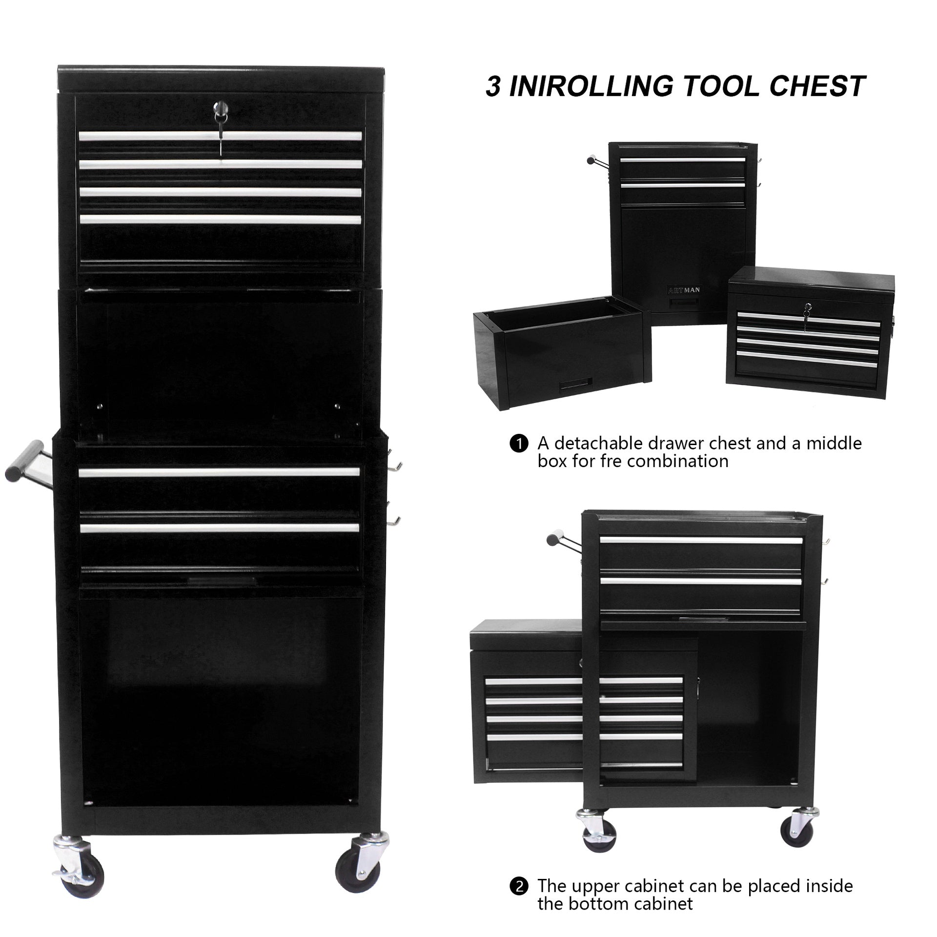 Tool Cabinet on Wheels, 6-Drawer Lockable Rolling Tool Chest w/ 4 Universal Wheels, 2 in 1 Detachable Tool Box Storage Organizer for Garage Workshop Repair Shop, Black
