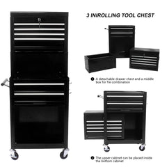 Tool Cabinet on Wheels, 6-Drawer Lockable Rolling Tool Chest w/ 4 Universal Wheels, 2 in 1 Detachable Tool Box Storage Organizer for Garage Workshop Repair Shop, Black