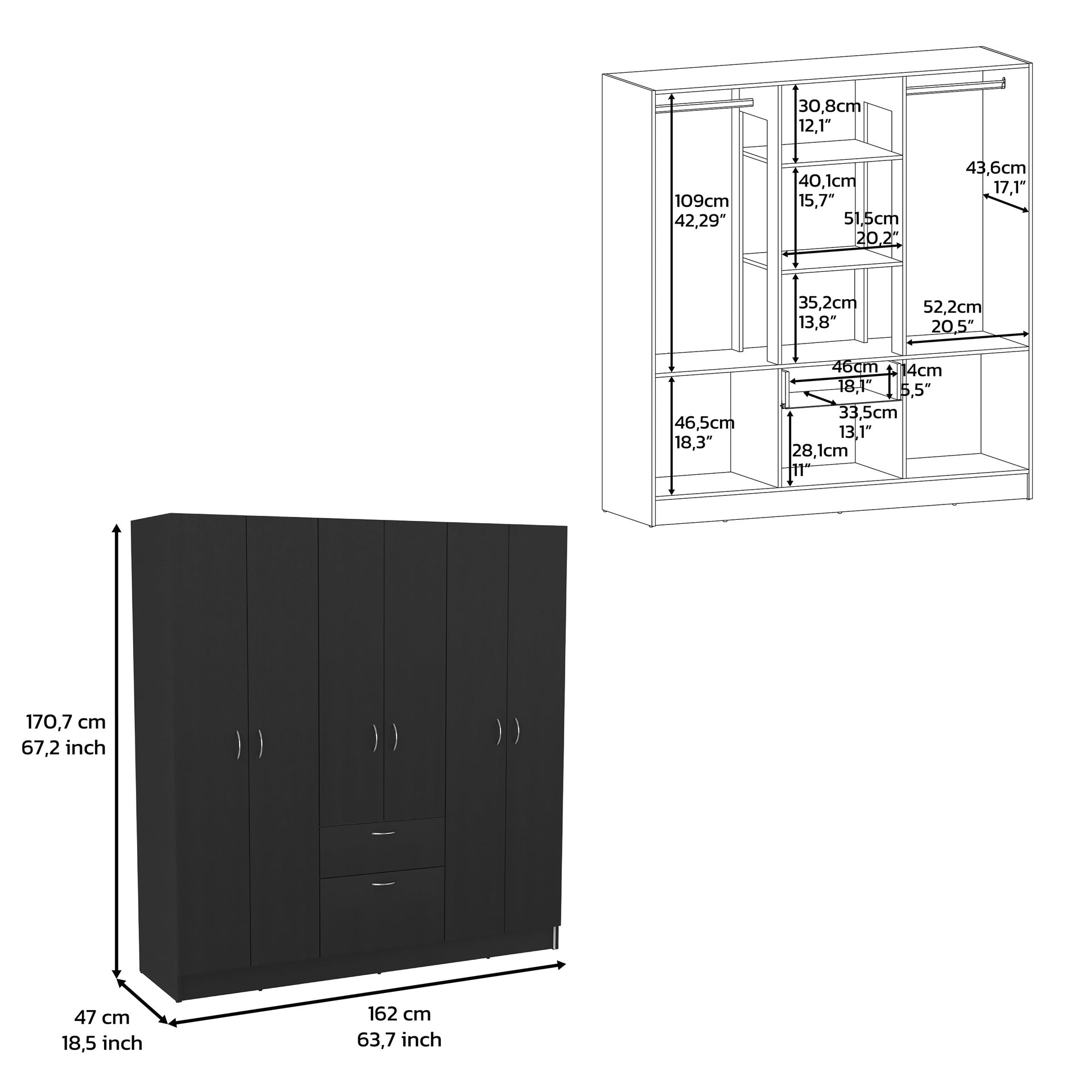 Kibo 6 Doors Armoire, One Drawer, Rod, Seven Interior Shelves, Black Wengue / White -Bedroom