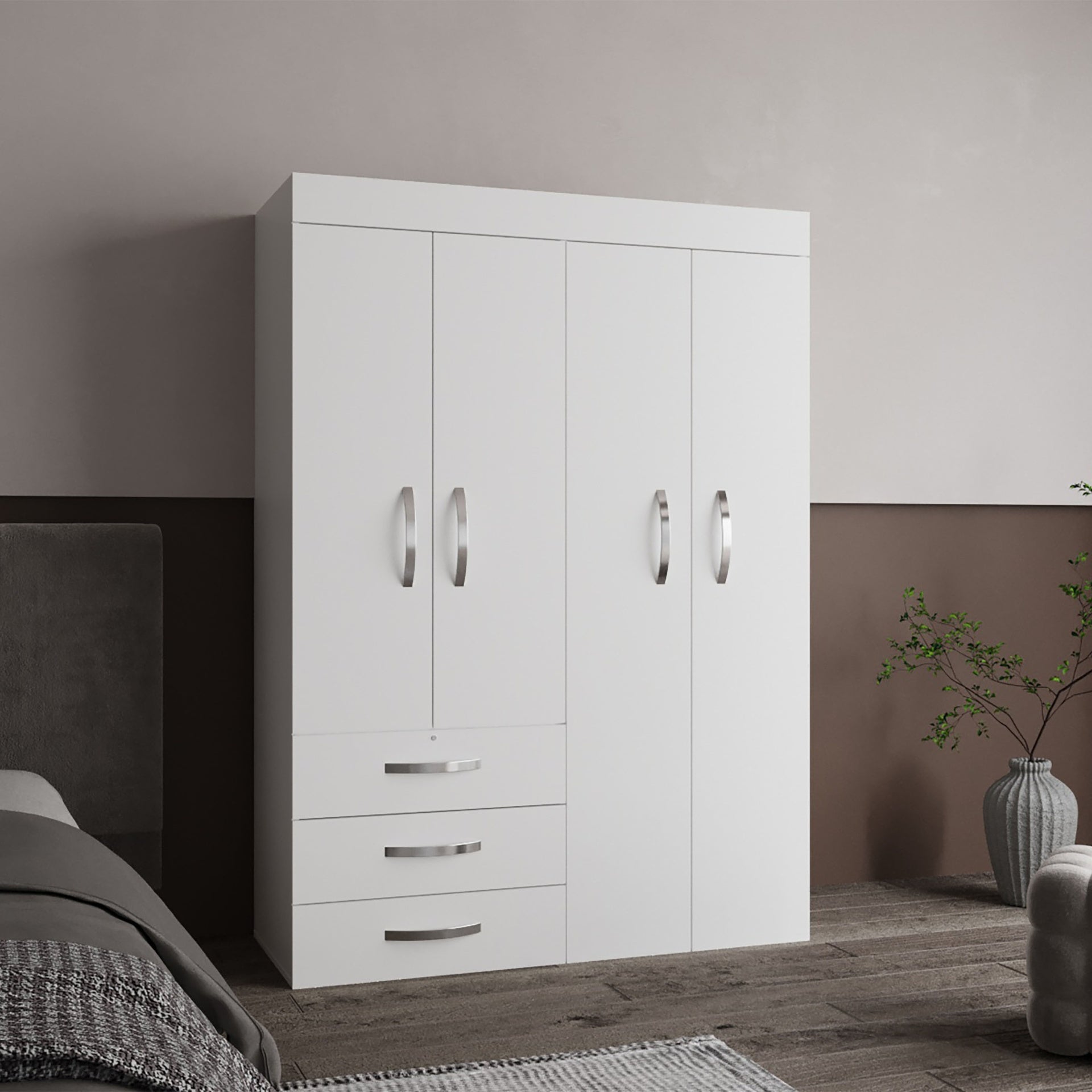 Hamilton Mobile Armoire, 4-Doors Cabinet, Three Drawers, Rods, Four Shelves, White  - Bedroom