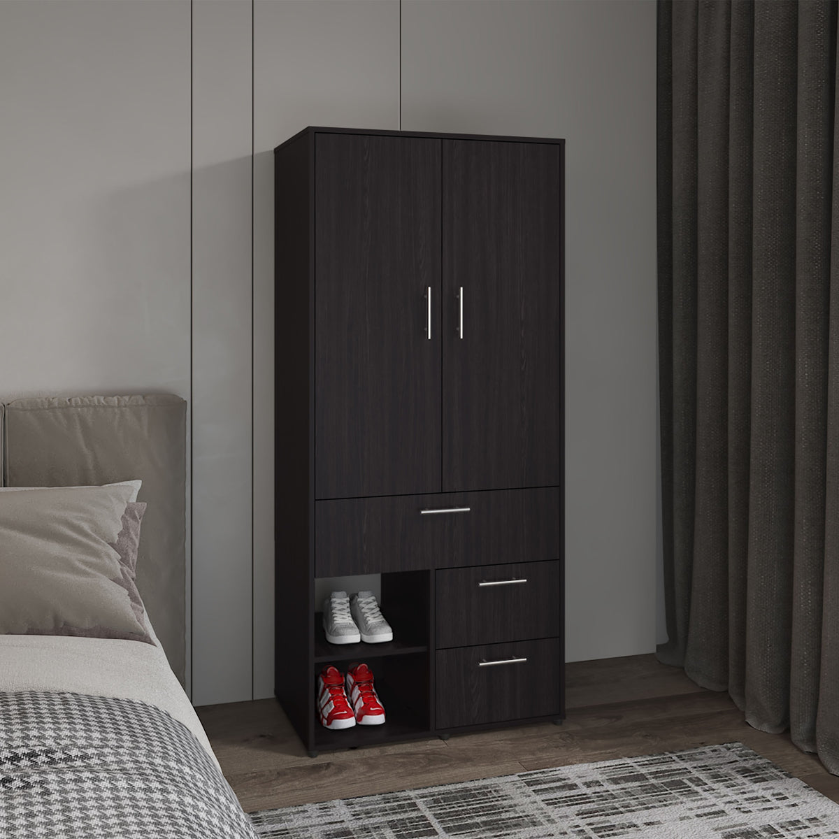 Armoire 70.90" H, 2 Doors, 3 Drawers, 2 Shelves, 6 Legs, Black Wengue - Bedroom