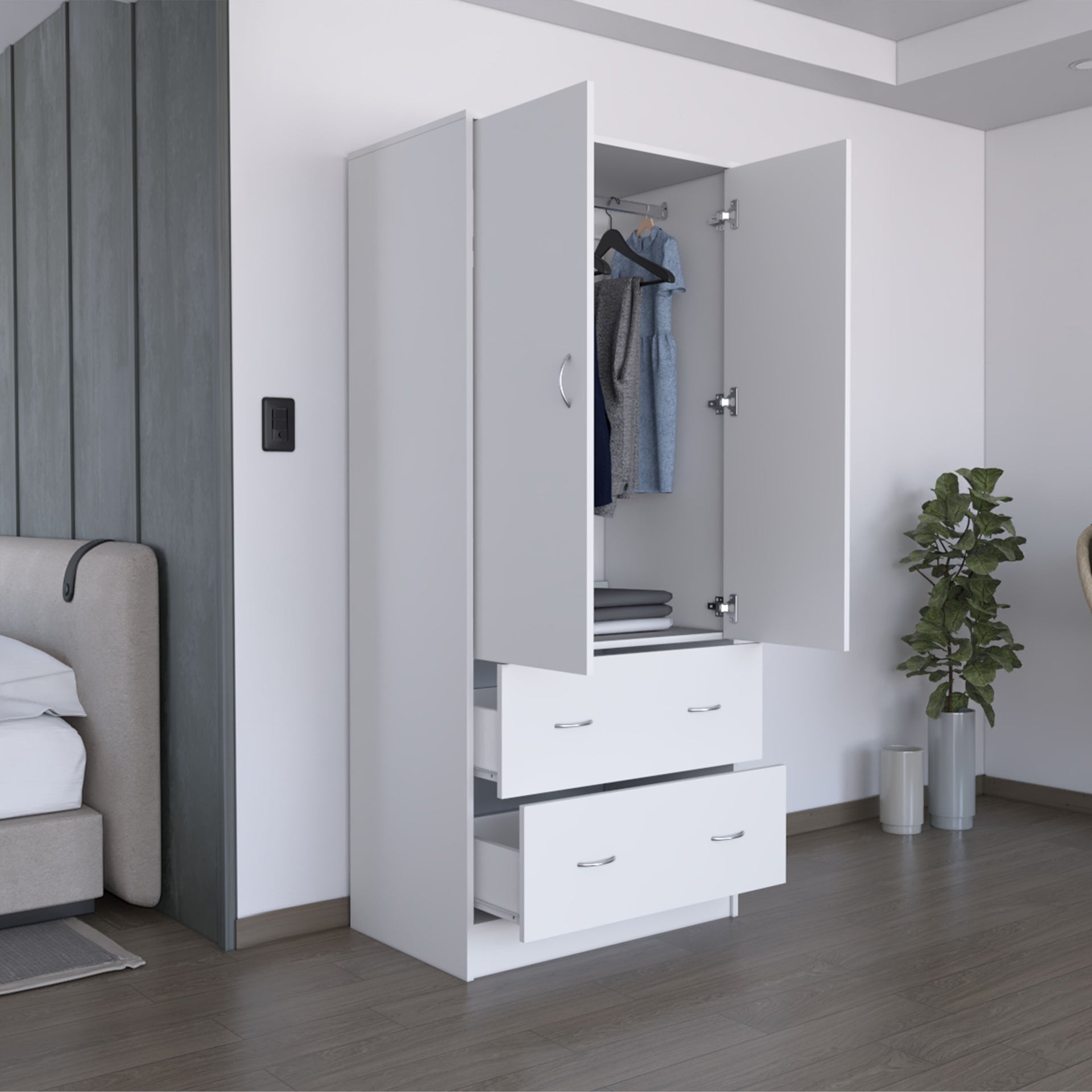 Armoire 71" H  with Two Doors, Two Drawers, and Hanging Rod,White