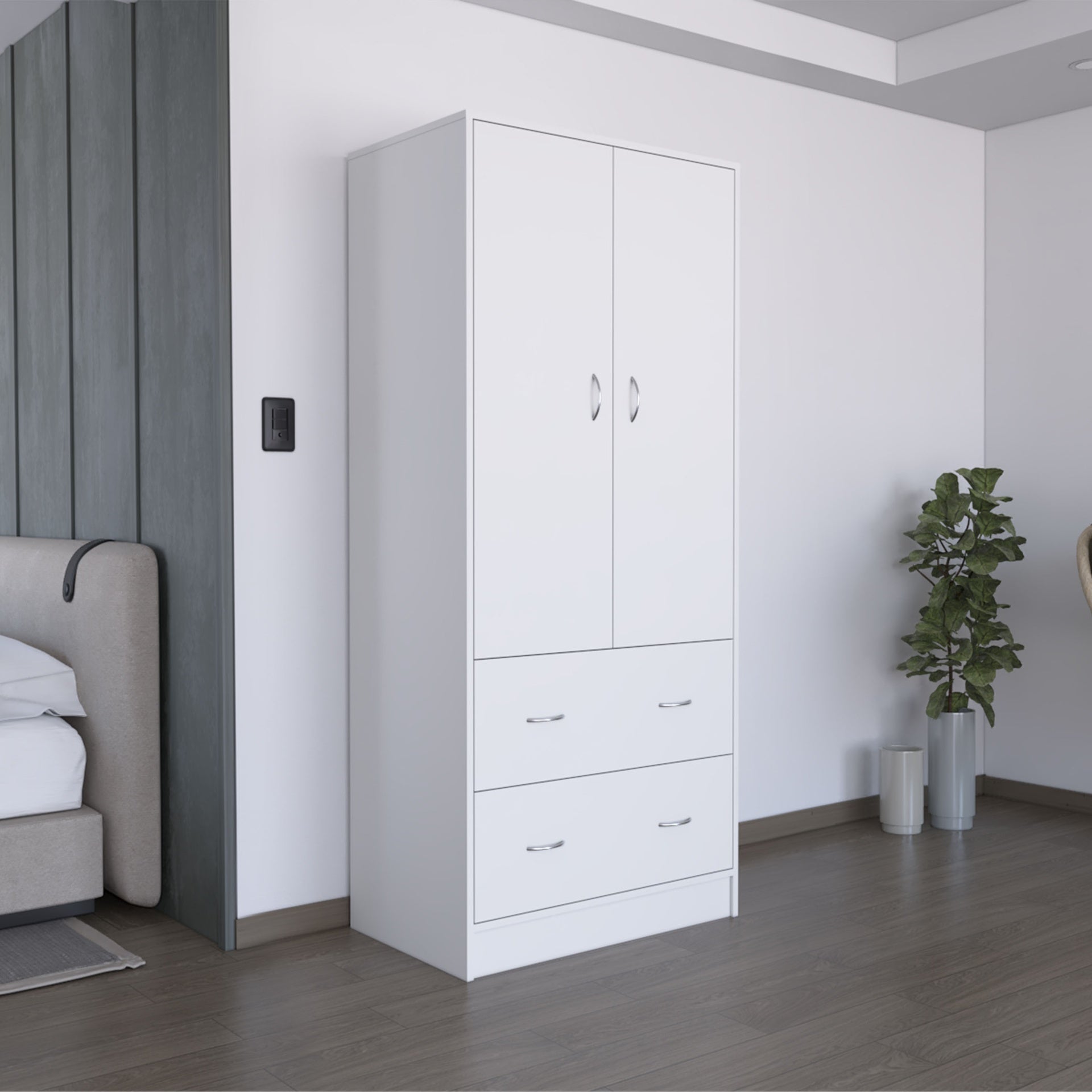 Armoire 71" H  with Two Doors, Two Drawers, and Hanging Rod,White