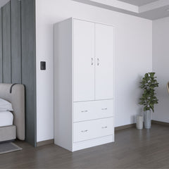 Armoire 71" H  with Two Doors, Two Drawers, and Hanging Rod,White