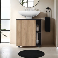 Under Sink Storage 24.4" H, 1 Door, 4 Shelves, 4 Legs, Natural Oak / Black Wengue - Bathroom