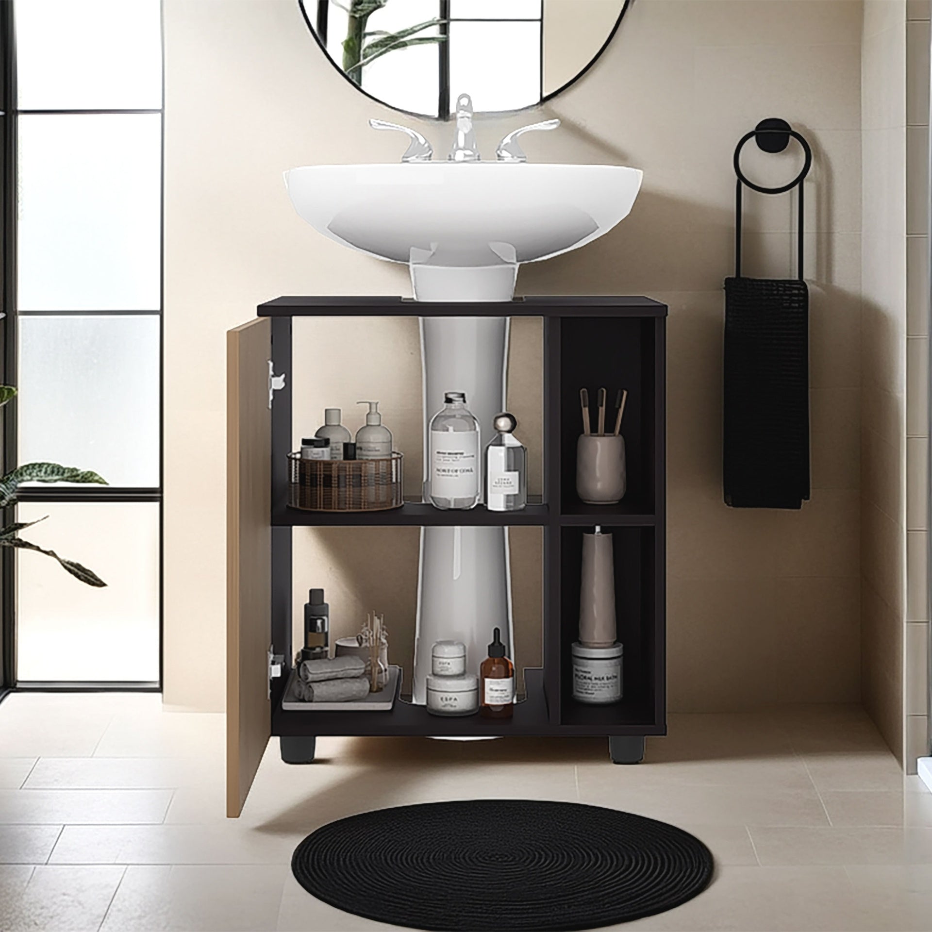 Under Sink Storage 24.4" H, 1 Door, 4 Shelves, 4 Legs, Natural Oak / Black Wengue - Bathroom