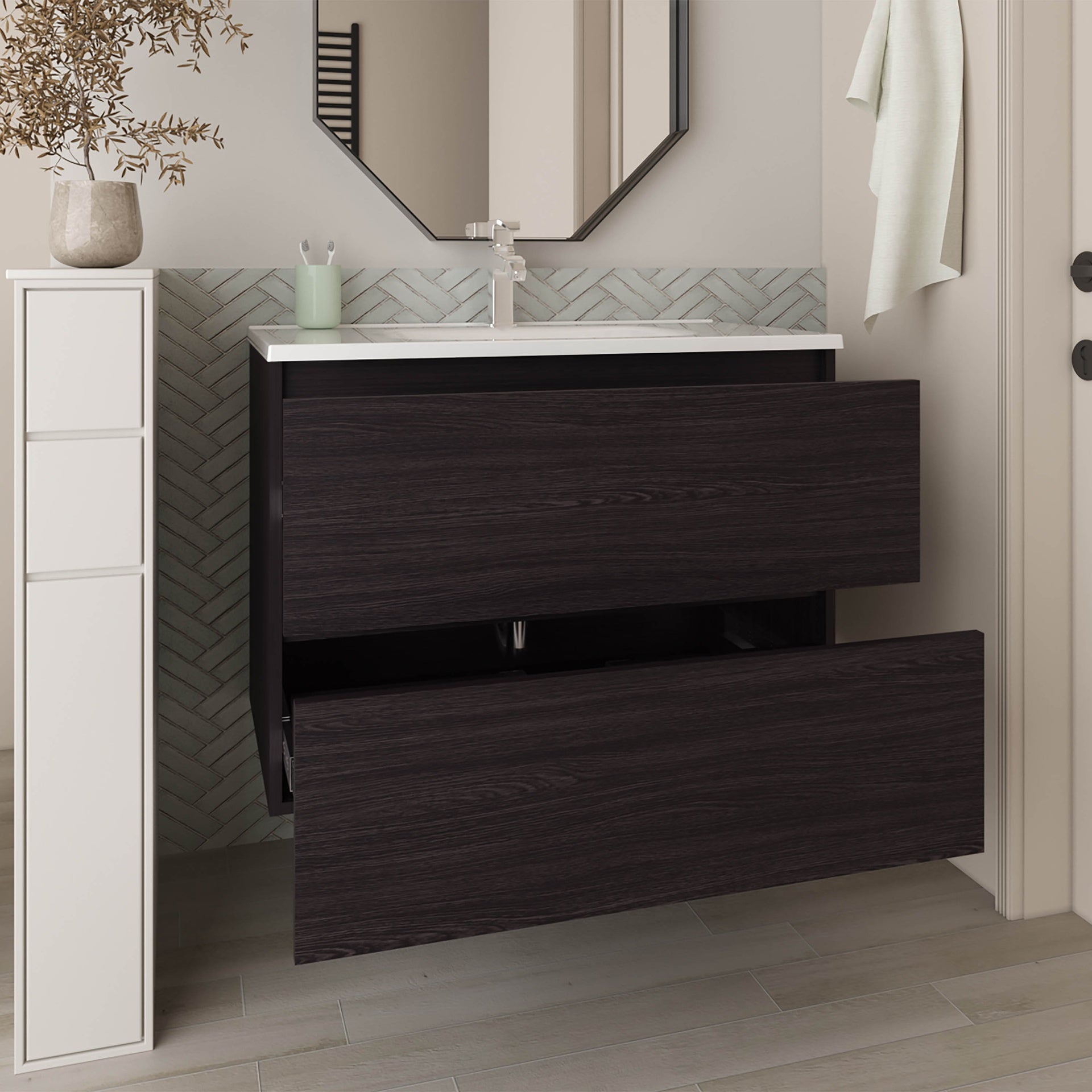 Bathroom Vanity with Sink, 2 Drawers, Black Wengue