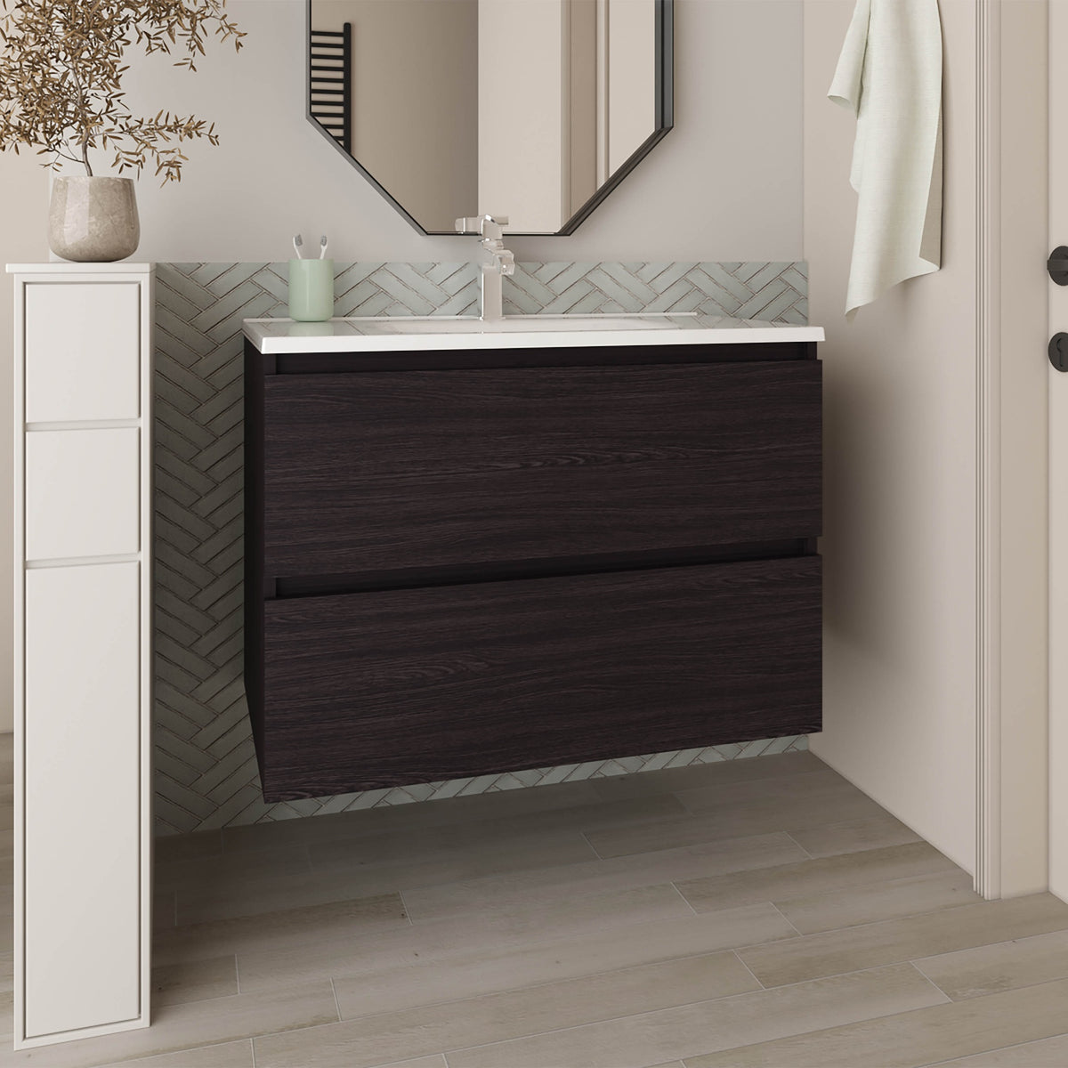 Bathroom Vanity with Sink, 2 Drawers, Black Wengue