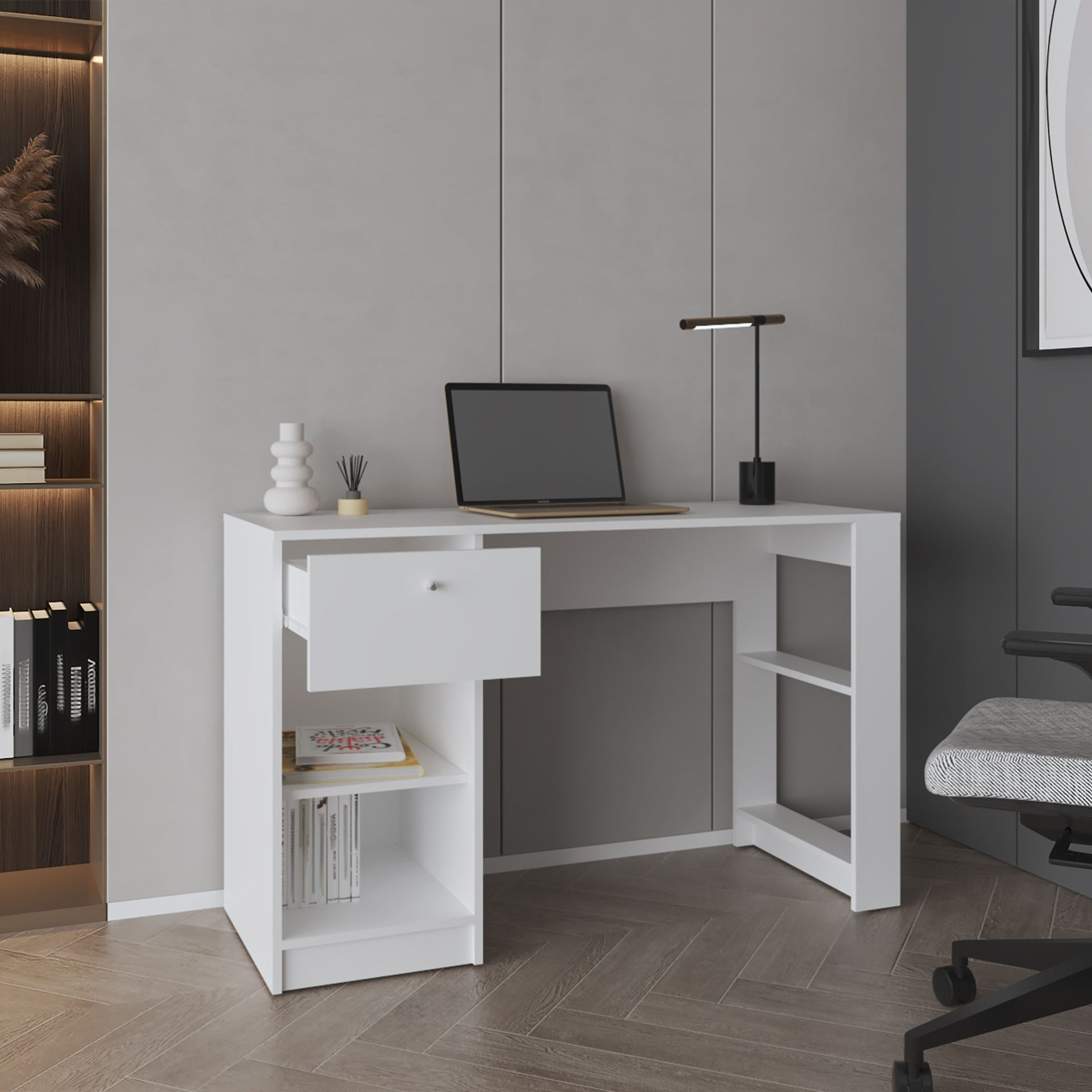 Computer Desk, 1 Drawer, 2 Shelves, White
