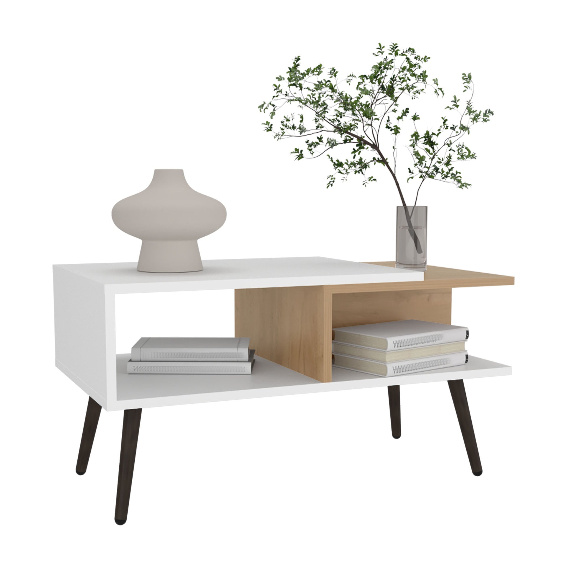 Coffee Table, 2 Shelves, 4 legs, White / Natural Oak
