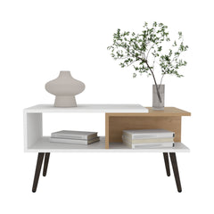 Coffee Table, 2 Shelves, 4 legs, White / Natural Oak