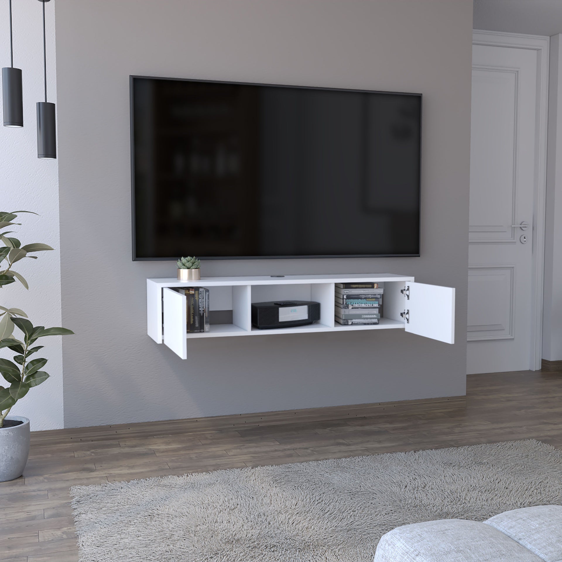 Adel Floating TV Stand, Sleek Wall-Mounted Console with 2-Doors, White