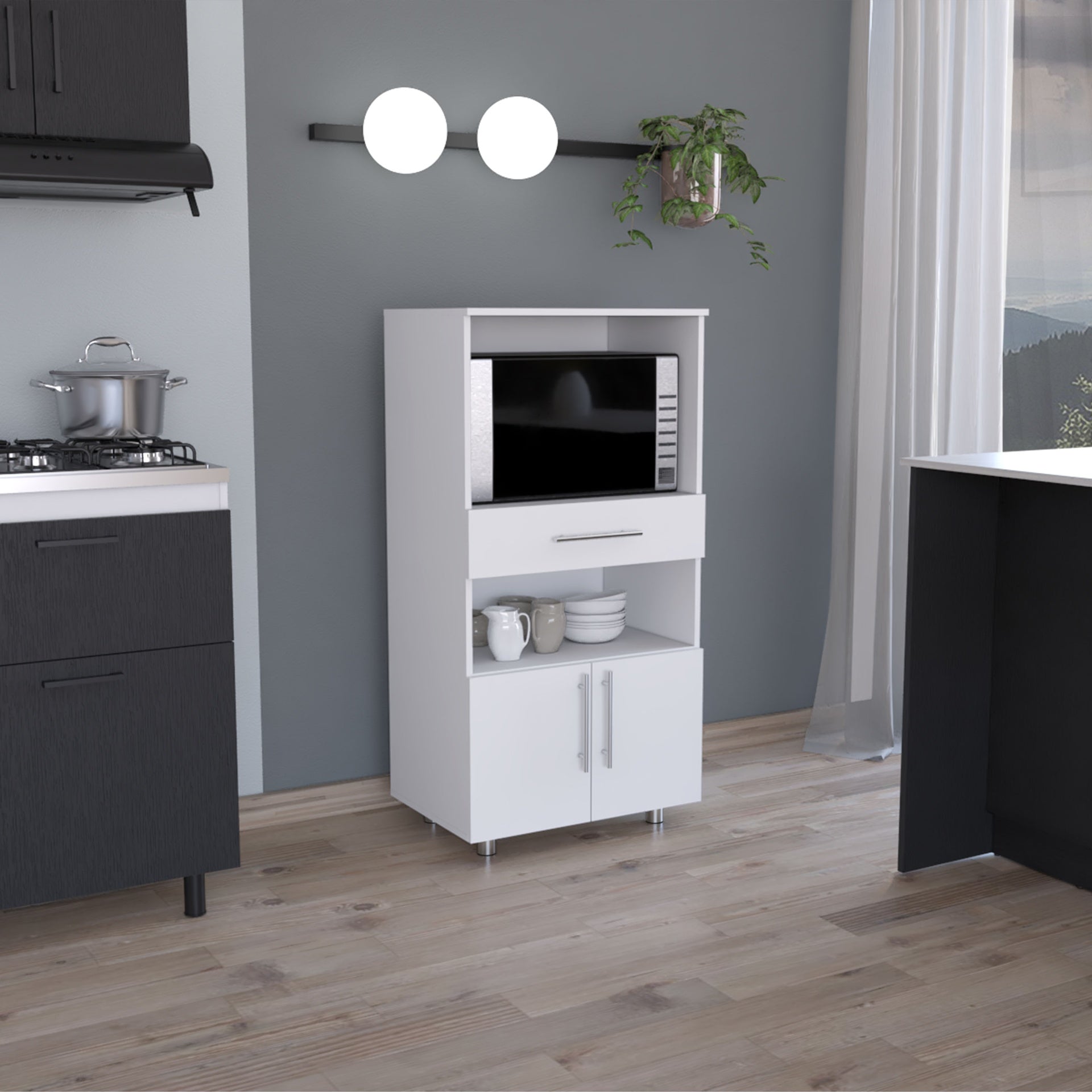 Kitchen Pantry 48" H, Two Open Storage Shelves, One for Microwave, Two Doors, Four Legs, White