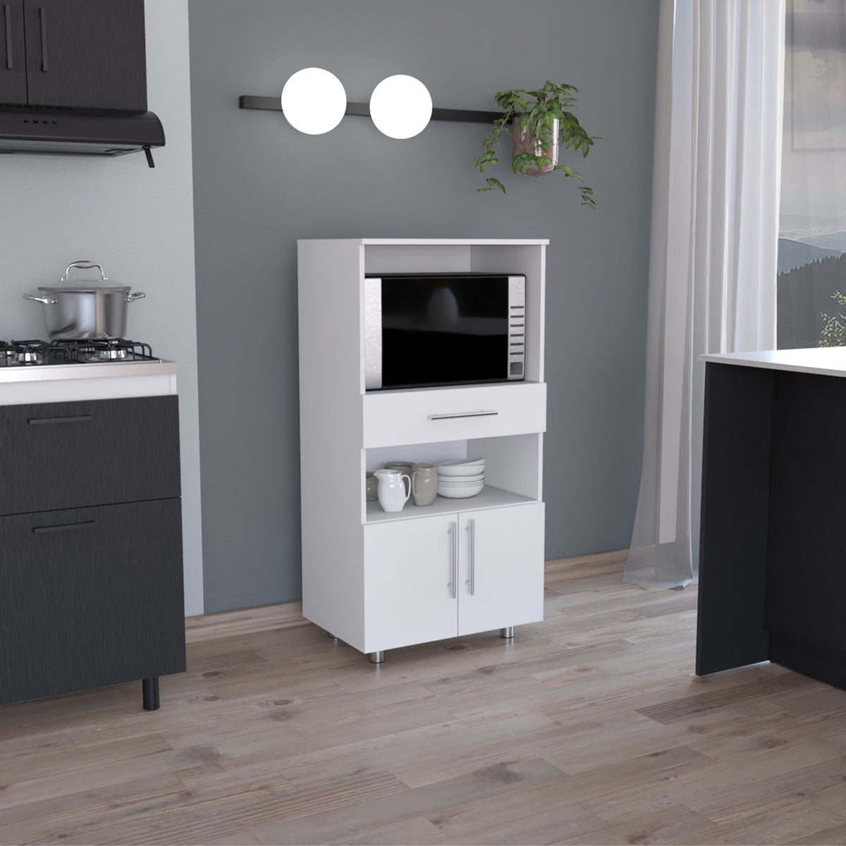Kitchen Pantry 48" H, Two Open Storage Shelves, One for Microwave, Two Doors, Four Legs, White