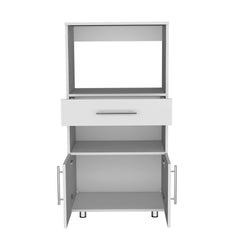 Kitchen Pantry 48" H, Two Open Storage Shelves, One for Microwave, Two Doors, Four Legs, White