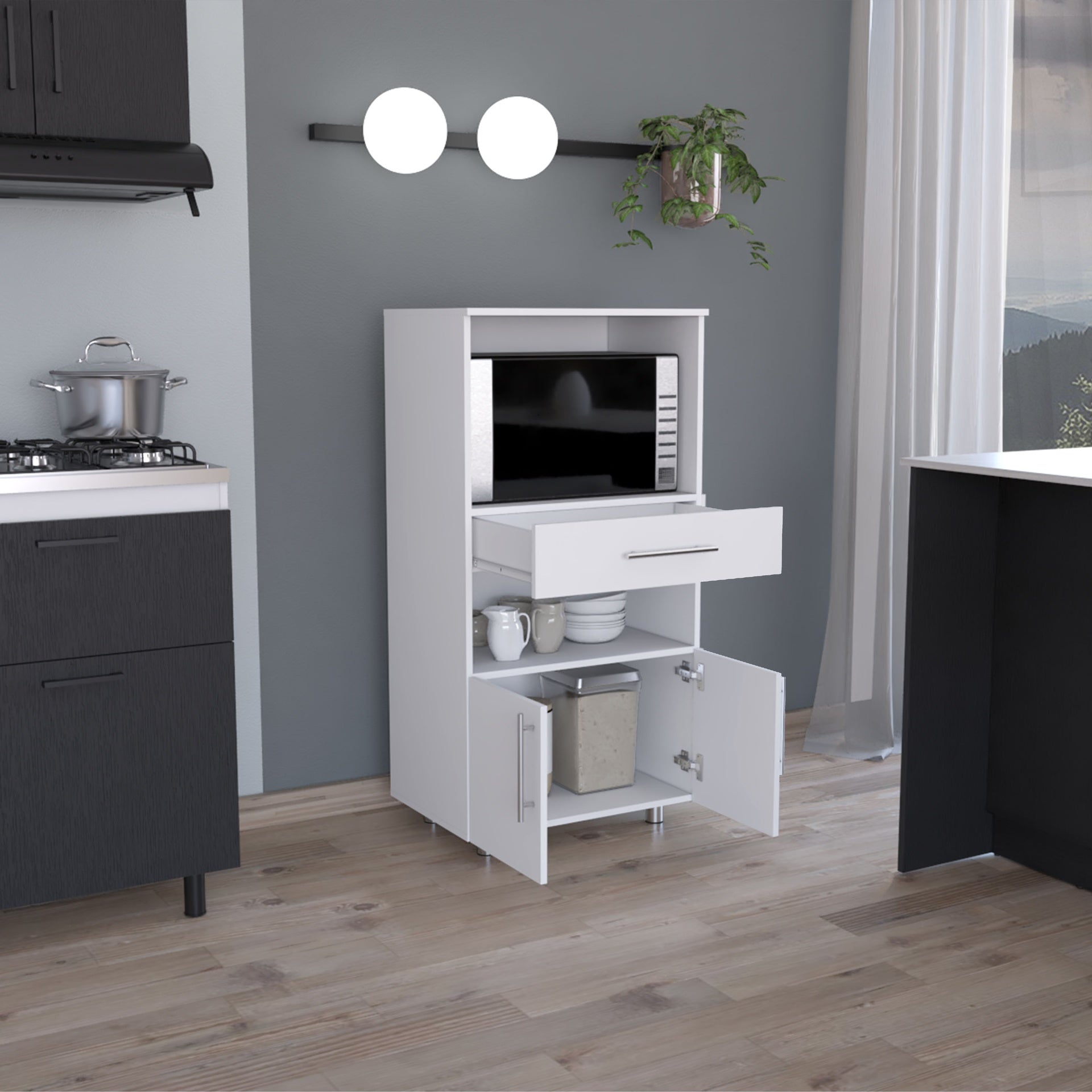 Kitchen Pantry 48" H, Two Open Storage Shelves, One for Microwave, Two Doors, Four Legs, White
