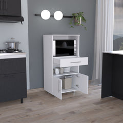 Kitchen Pantry 48" H, Two Open Storage Shelves, One for Microwave, Two Doors, Four Legs, White