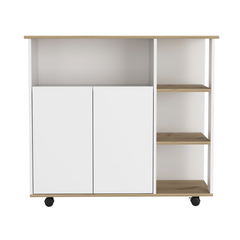 Kitchen Cart 35" H, Four Open Shelves, Double Door Cabinet, Four Casters - Light Oak/White