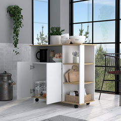 Kitchen Cart 35" H, Four Open Shelves, Double Door Cabinet, Four Casters - Light Oak/White