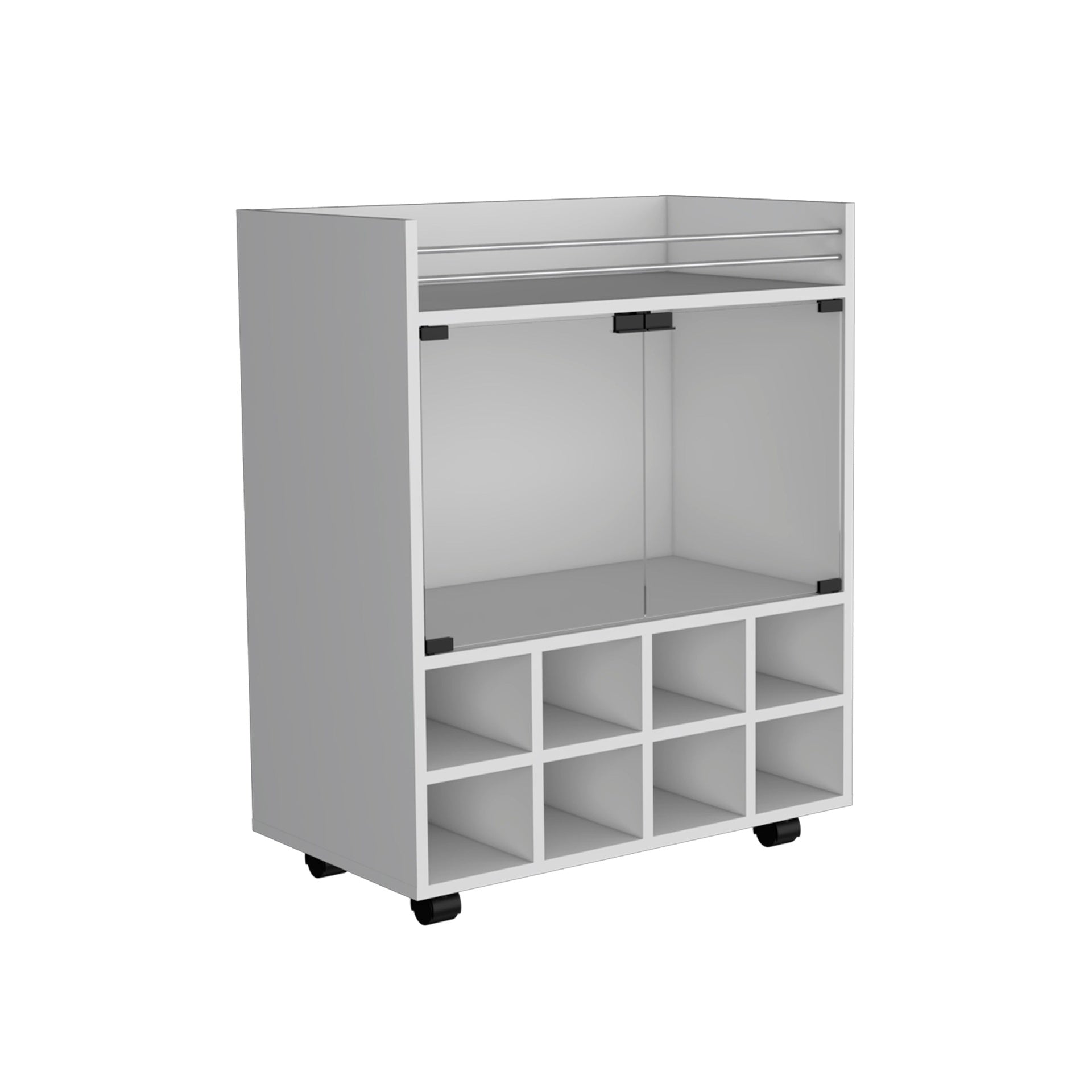 32" H white bar- coffee cart, Kitchen or living room cabinet storage with 4 wheels, with 8 bottle racks, a central shelf covered by 1 glass door, ideal for storing glasses and snacks