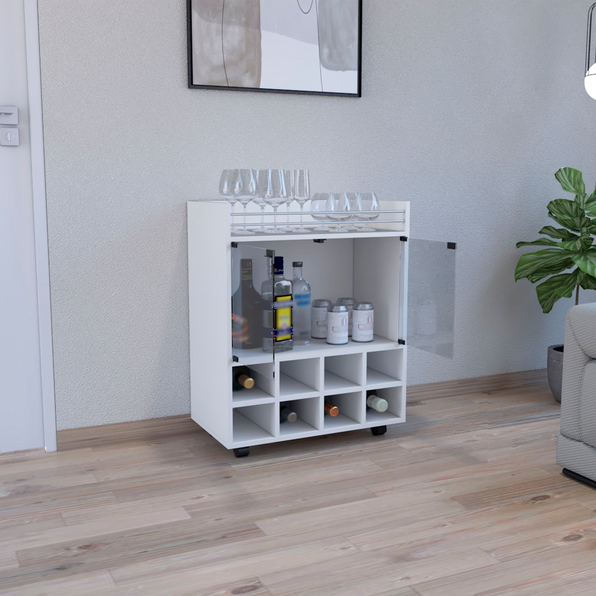 32" H white bar- coffee cart, Kitchen or living room cabinet storage with 4 wheels, with 8 bottle racks, a central shelf covered by 1 glass door, ideal for storing glasses and snacks