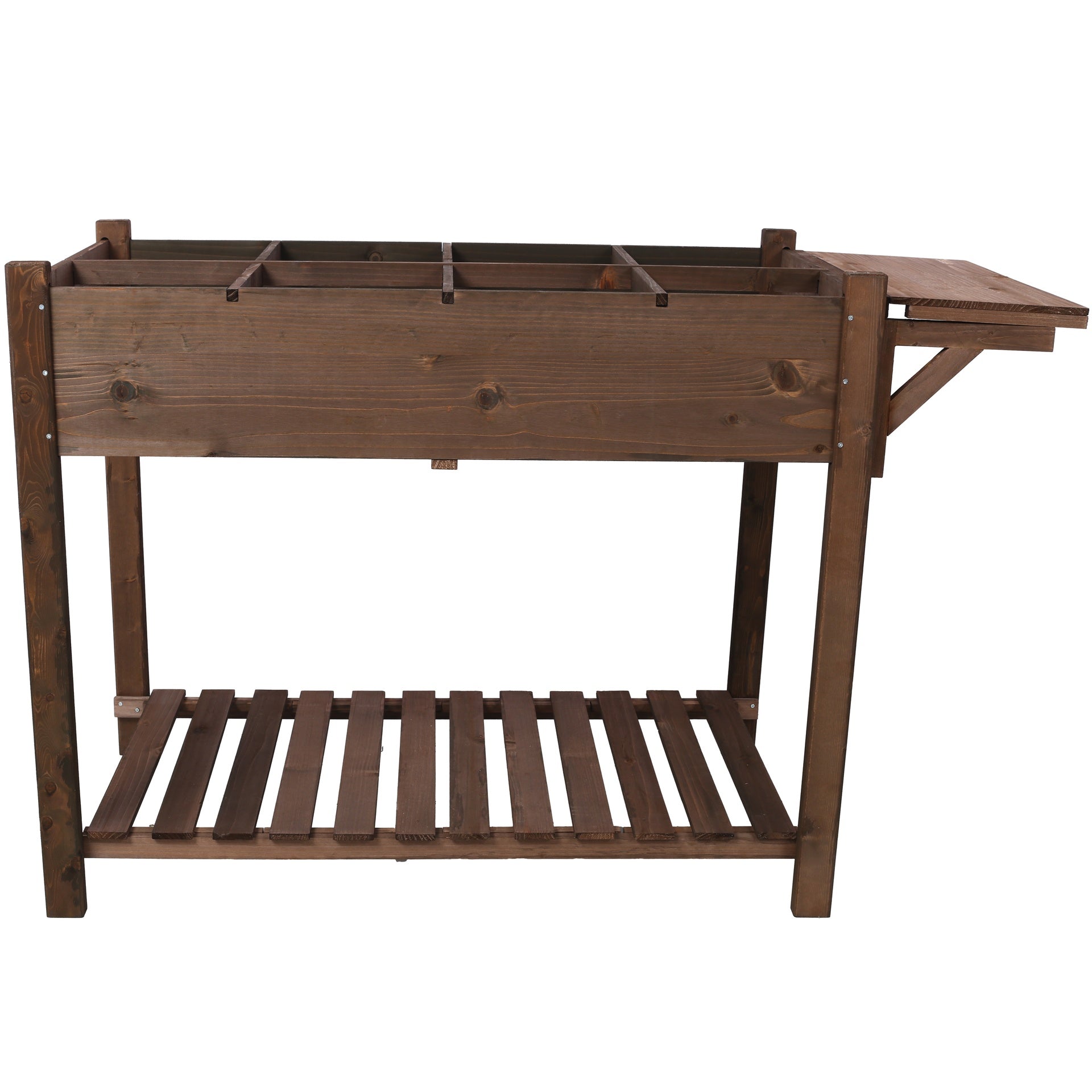 8 Pockets Horticulture Raised Garden Bed Elevated Wood Planter Box Stand with Foldable Side Table and Storage Shelf for Herb/Vegetables/Flowers, dark brown color
