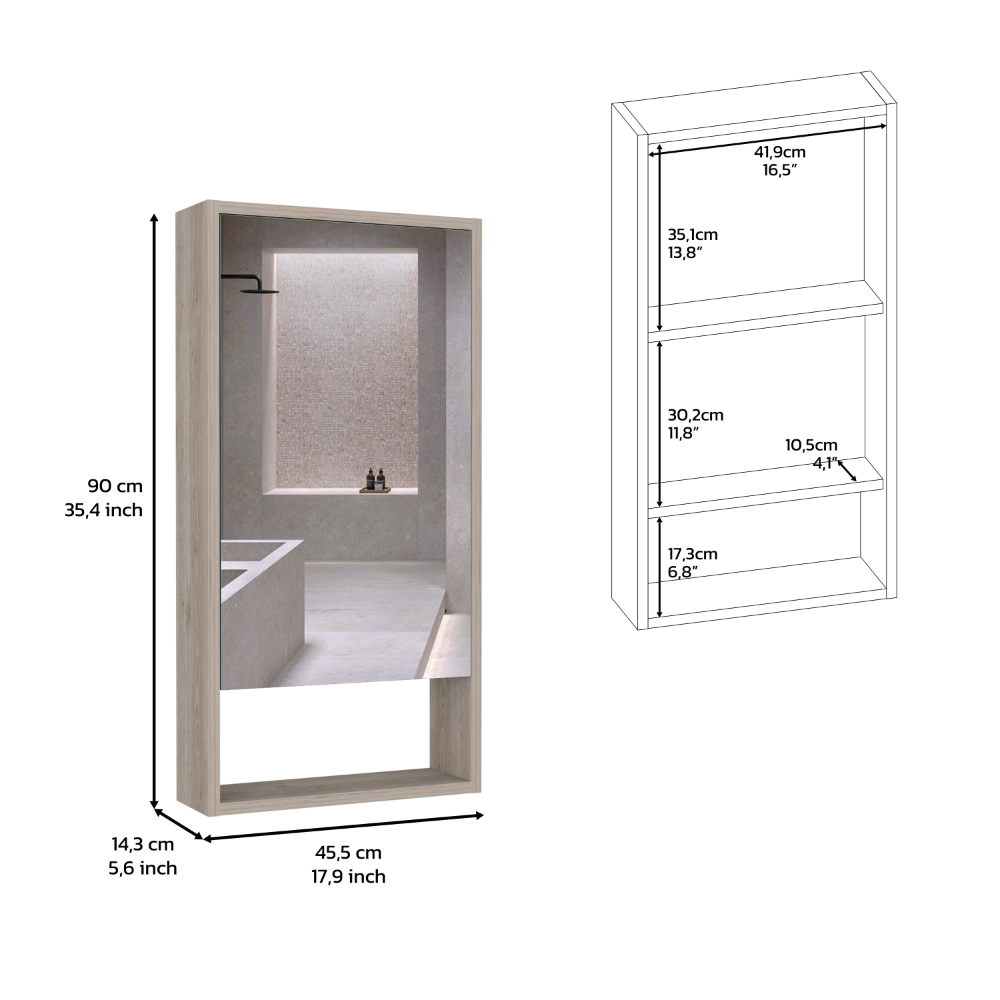 Medicine Single Door Cabinet 35" H, Two Interior Shelves, One External Shelf, Light Gray
