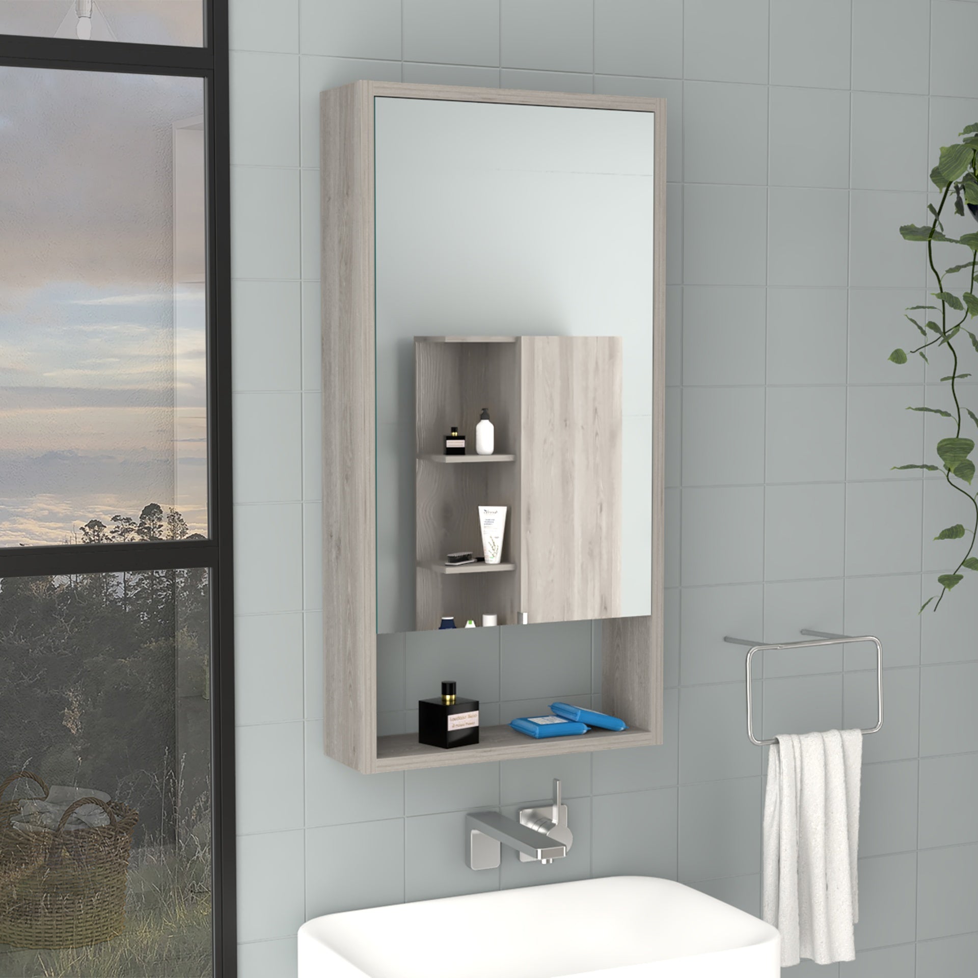 Medicine Single Door Cabinet 35" H, Two Interior Shelves, One External Shelf, Light Gray