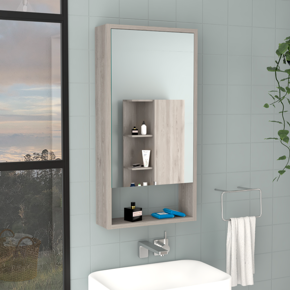 Medicine Single Door Cabinet 35" H, Two Interior Shelves, One External Shelf, Light Gray