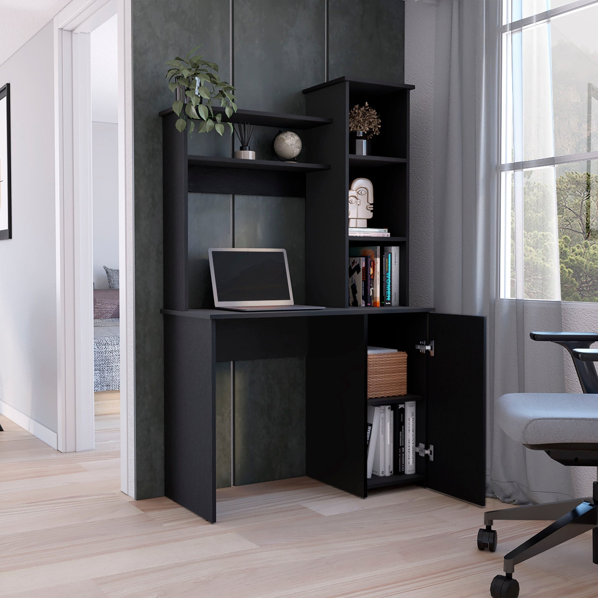 Muncy Computer Desk with Ample Work Surface, Hutch Storage and Single Door Cabinet with 3-Tier Shelves, White