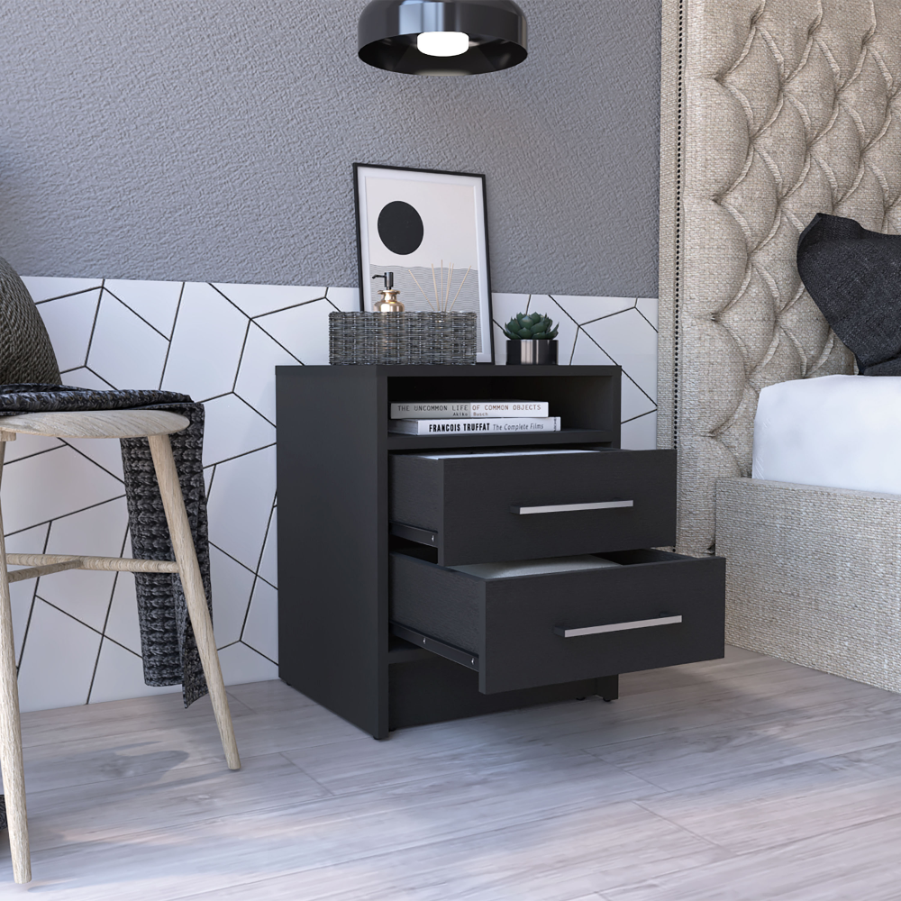 Nightstand 20"H, Two Drawers, Superior Top, Metal Handles, Black